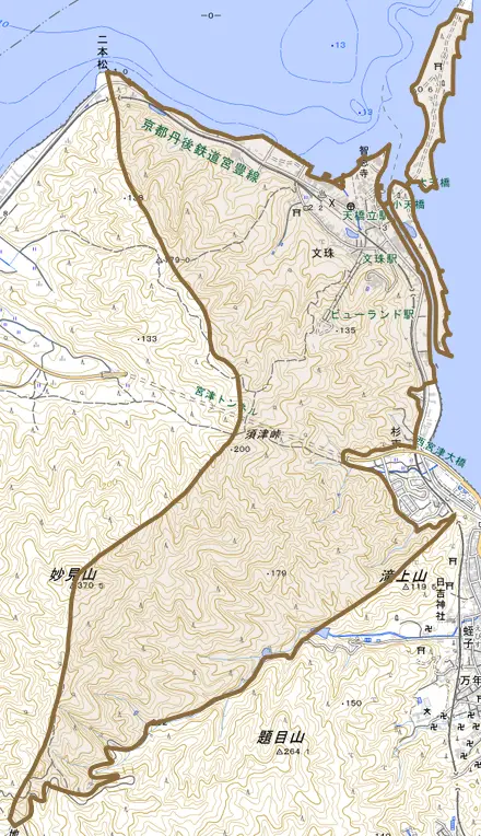 文珠とその周辺の地図。町の範囲を重ねている