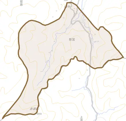 新宮とその周辺の地図。町の範囲を重ねている