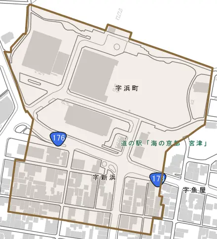 新浜とその周辺の地図。町の範囲を重ねている