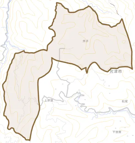 木子とその周辺の地図。町の範囲を重ねている