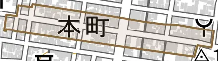 本町とその周辺の地図。町の範囲を重ねている