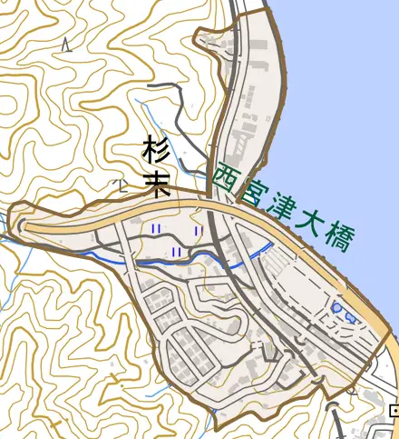 杉末とその周辺の地図。町の範囲を重ねている