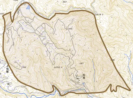 松尾とその周辺の地図。町の範囲を重ねている