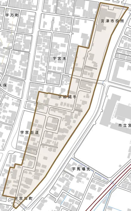 柳縄手とその周辺の地図。町の範囲を重ねている