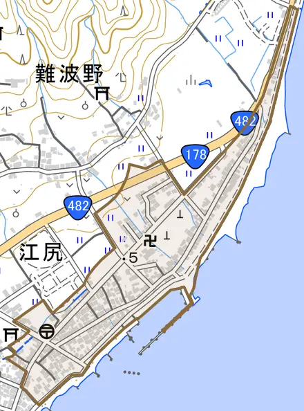 江尻とその周辺の地図。町の範囲を重ねている