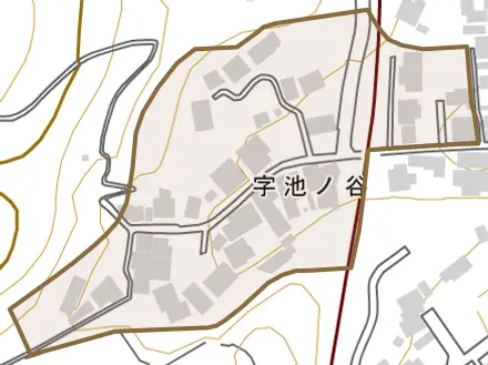 池ノ谷とその周辺の地図。町の範囲を重ねている