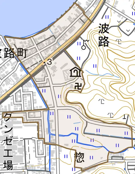 波路町とその周辺の地図。町の範囲を重ねている