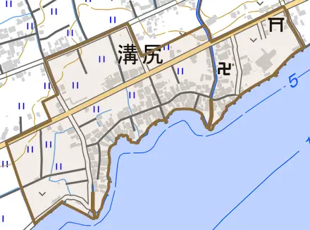 溝尻とその周辺の地図。町の範囲を重ねている