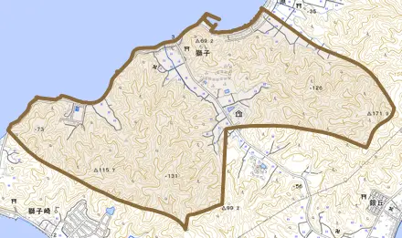 獅子とその周辺の地図。町の範囲を重ねている