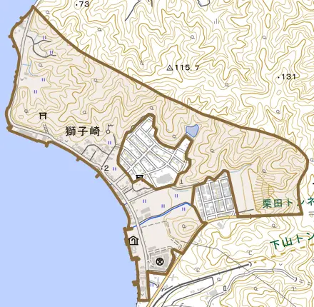 獅子崎とその周辺の地図。町の範囲を重ねている