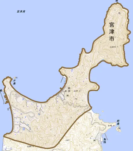 田井とその周辺の地図。町の範囲を重ねている