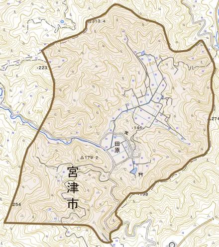 田原とその周辺の地図。町の範囲を重ねている