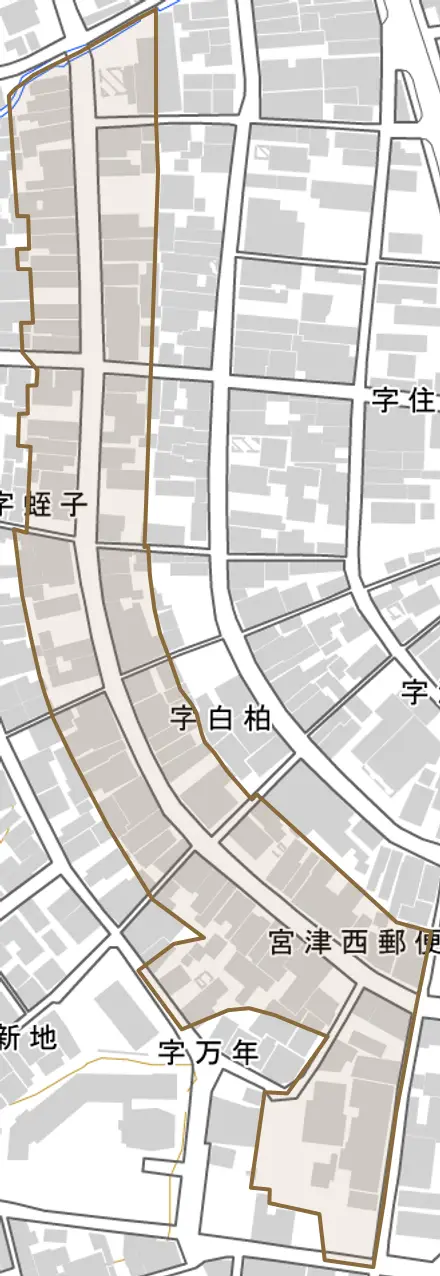白柏とその周辺の地図。町の範囲を重ねている