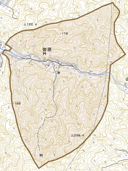 皆原とその周辺の地図。町の範囲を重ねている