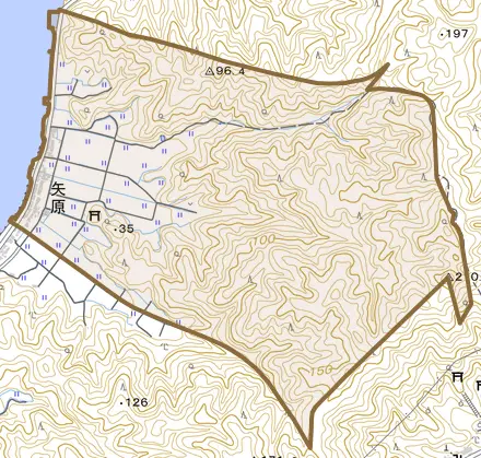 矢原とその周辺の地図。町の範囲を重ねている
