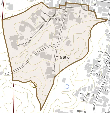 金屋谷とその周辺の地図。町の範囲を重ねている
