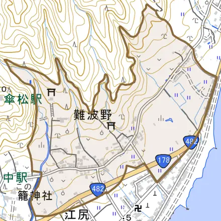 難波野とその周辺の地図。町の範囲を重ねている