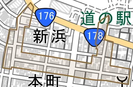 魚屋とその周辺の地図。町の範囲を重ねている