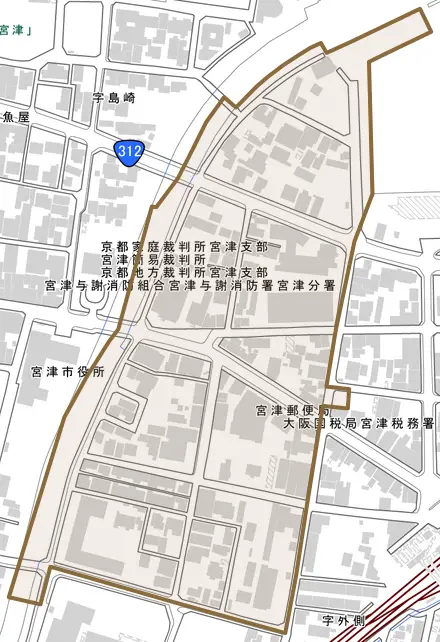 鶴賀とその周辺の地図。町の範囲を重ねている