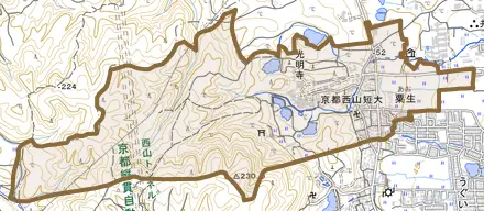 粟生とその周辺の地図。町の範囲を重ねている