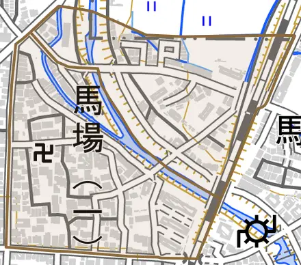 馬場とその周辺の地図。町の範囲を重ねている