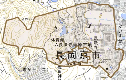 長法寺とその周辺の地図。町の範囲を重ねている