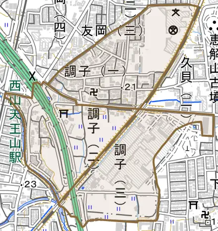 調子とその周辺の地図。町の範囲を重ねている