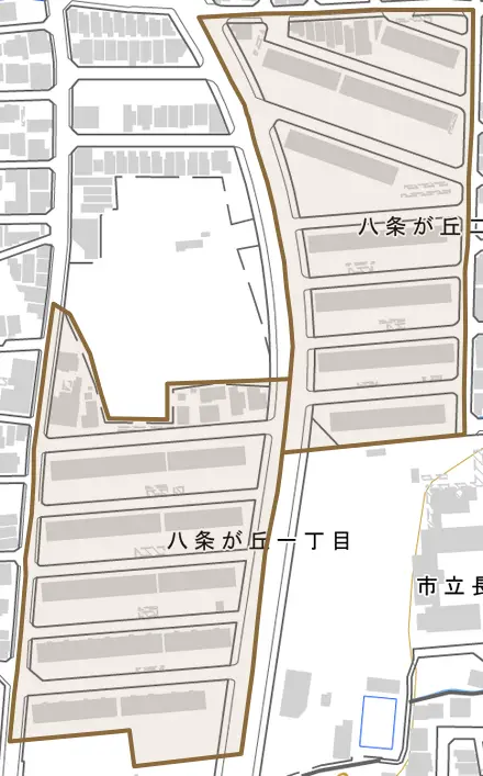八条が丘とその周辺の地図。町の範囲を重ねている