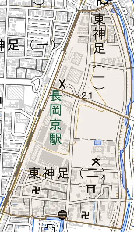 東神足とその周辺の地図。町の範囲を重ねている