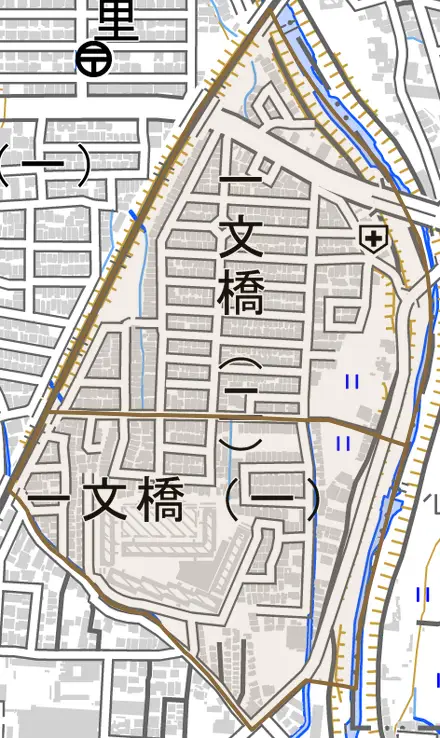 一文橋とその周辺の地図。町の範囲を重ねている