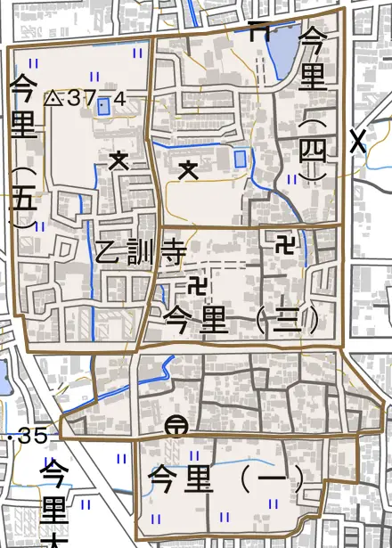 今里とその周辺の地図。町の範囲を重ねている