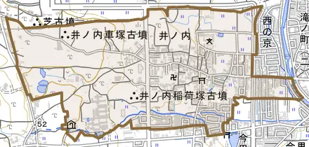 井ノ内とその周辺の地図。町の範囲を重ねている