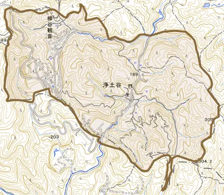 浄土谷とその周辺の地図。町の範囲を重ねている