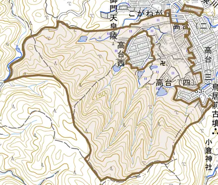 金ケ原とその周辺の地図。町の範囲を重ねている