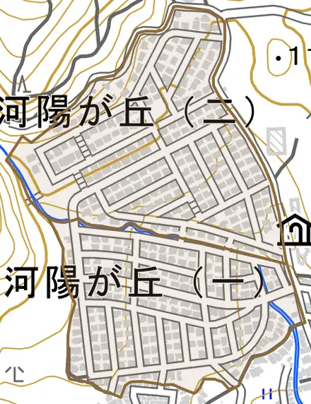 河陽が丘とその周辺の地図。町の範囲を重ねている