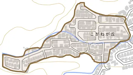 こがねが丘とその周辺の地図。町の範囲を重ねている
