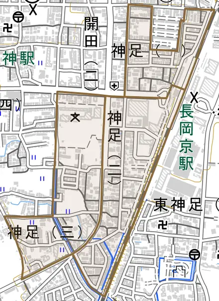 神足とその周辺の地図。町の範囲を重ねている