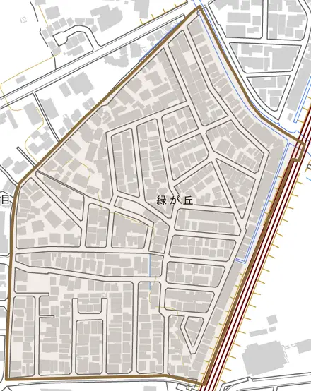 緑が丘とその周辺の地図。町の範囲を重ねている