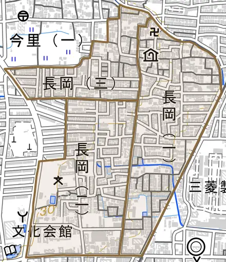 長岡とその周辺の地図。町の範囲を重ねている