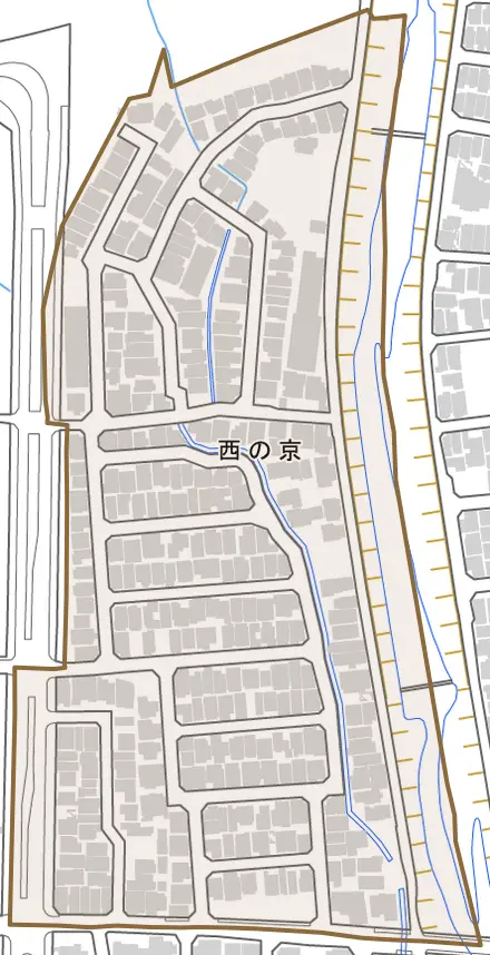 西の京とその周辺の地図。町の範囲を重ねている