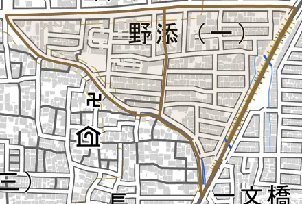 野添とその周辺の地図。町の範囲を重ねている