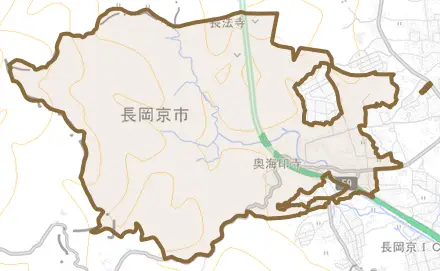 奥海印寺とその周辺の地図。町の範囲を重ねている
