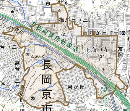 下海印寺とその周辺の地図。町の範囲を重ねている