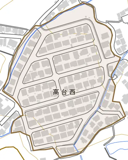 高台西とその周辺の地図。町の範囲を重ねている