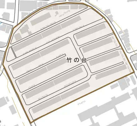 竹の台とその周辺の地図。町の範囲を重ねている