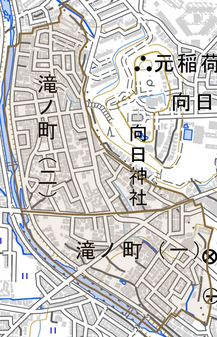 滝ノ町とその周辺の地図。町の範囲を重ねている