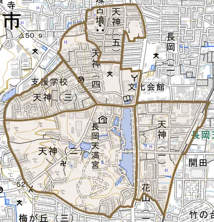 天神とその周辺の地図。町の範囲を重ねている