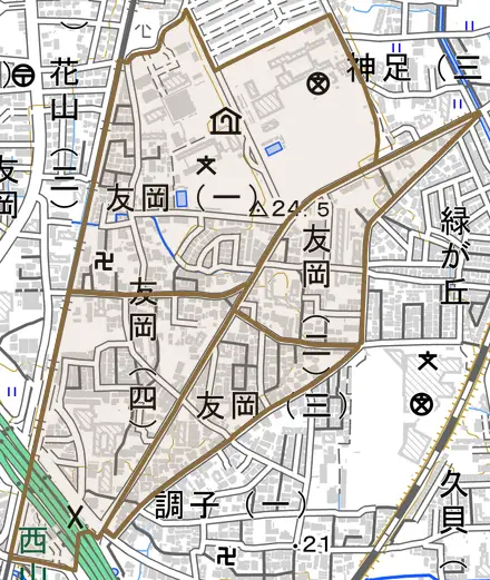 友岡とその周辺の地図。町の範囲を重ねている