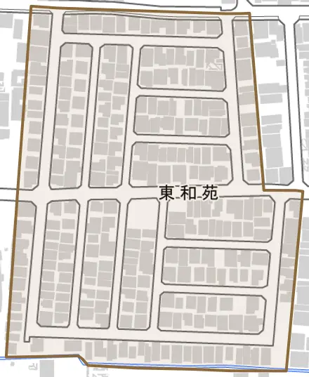 東和苑とその周辺の地図。町の範囲を重ねている