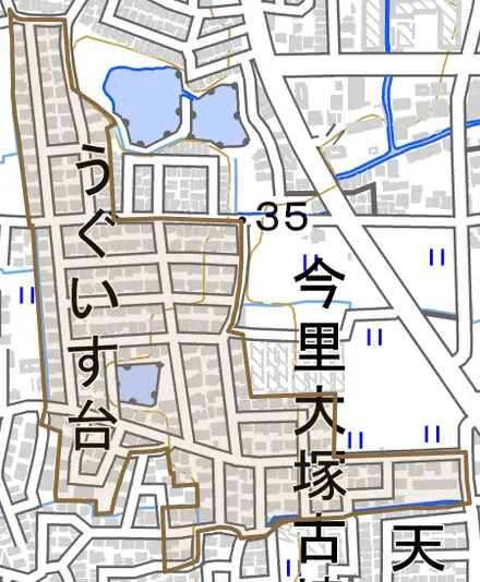 うぐいす台とその周辺の地図。町の範囲を重ねている